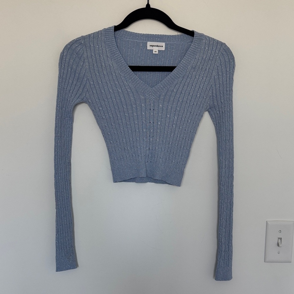 Superdown Revolve Baby Blue Sparkly Ribbed V-Neck Cropped Sweater - Size XS
